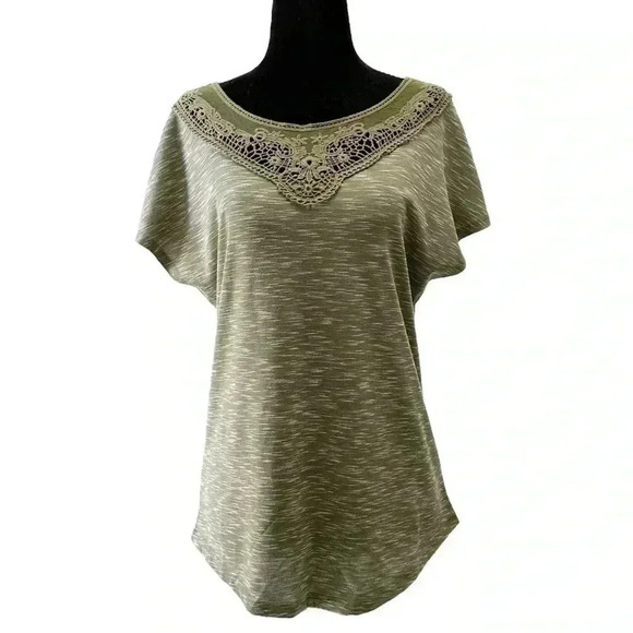 Ricki’s Cap Sleeve T-Shirt Crochet Trim Top Khaki Green Space Dye Small - Picture 1 of 14